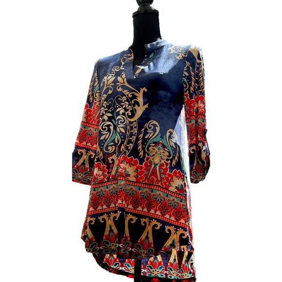Paisley Print V-Neck Tunic Dress Size Small Tab Sleeves - Picture 1 of 4